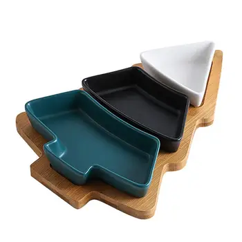 

Christmas Tree Ceramic Dishes Removable Snack Platter Cookie Candy Dessert Plates Party Tray With Bamboo Base Stand