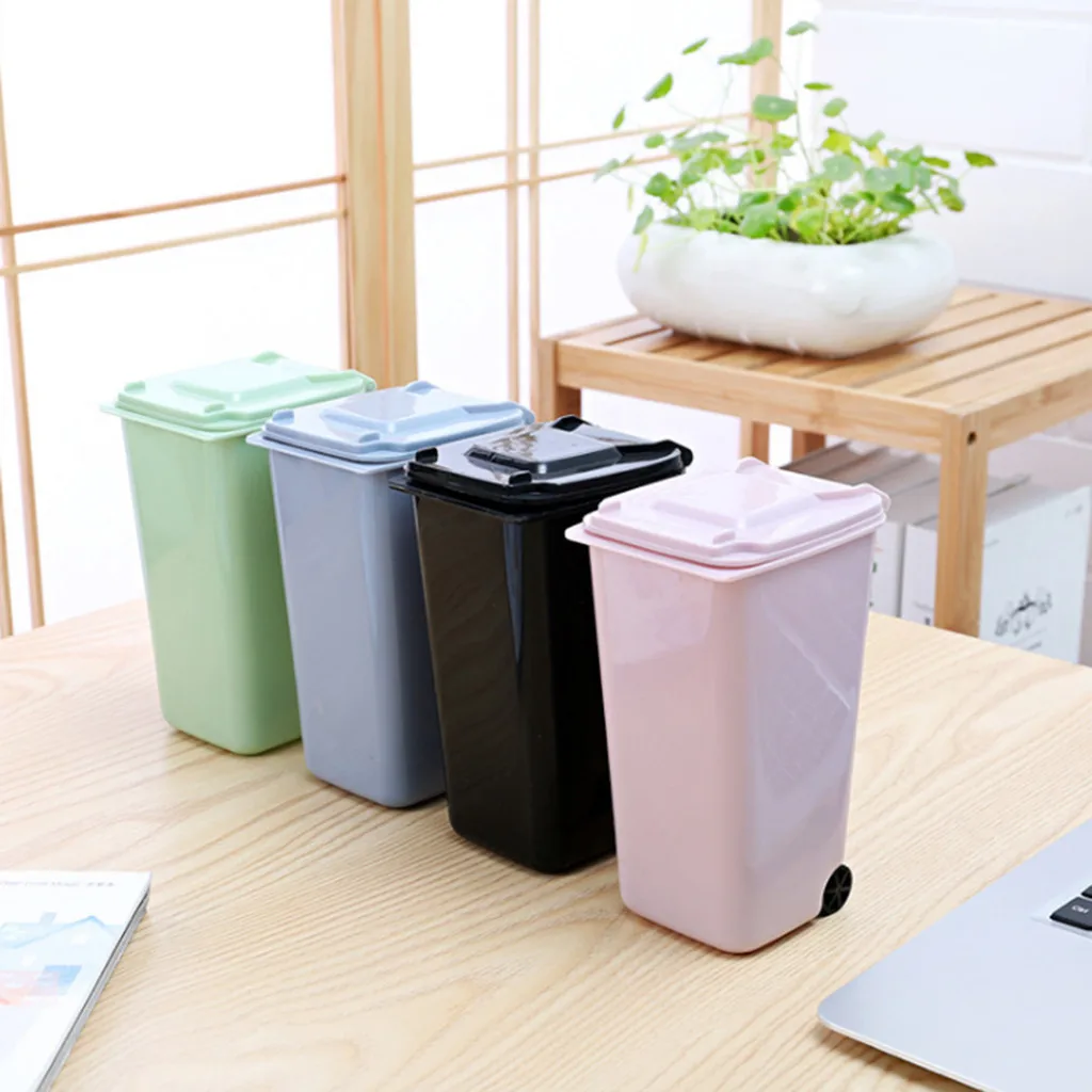 

1pcs 4 Colors Creative Wheelie Mini Trash Can Desktop Plastic Bucket Dustbin Mini Waste Bins Small Scissors Pencil Cup Rulers