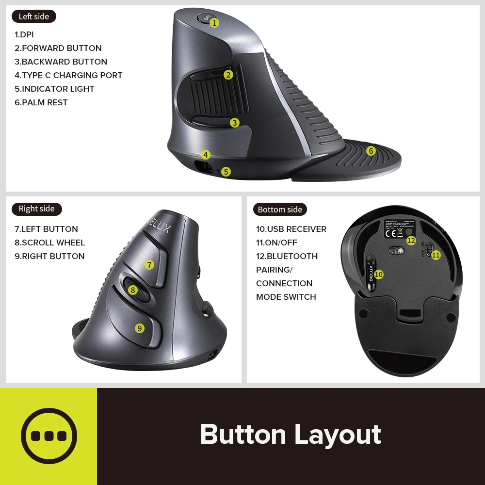 Delux M618g Rato sem Fio Vertical Recarregável Ergonômico 4000 Dpi Ratos Ópticos com Descanso de Palma Removível para Computador - Imagem 2