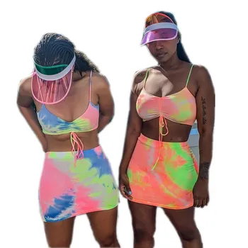 

2 Pieces Tie Dyeing Print Women Top and Skirt Suit Set Drawstring Neck Bustier Push Up Crop Tops Pleated Mini Skirts Sets