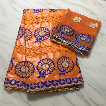 

High Quality orange Bazin Riche lace fabric New Design African Bazin lace Fabric+2 Yards Mesh Tulle Lace With Beads FP126