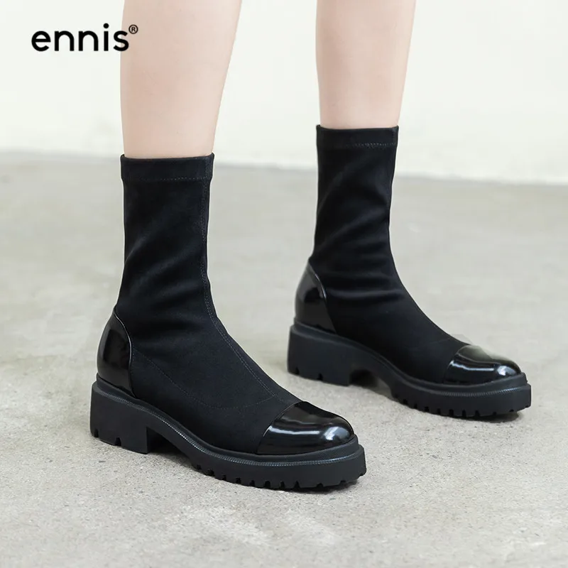 

ENNIS Brand Fabric Stretch Boots Platform Women Black Boots Round Toe Flat Boots Patent Leather Designer Autumn Shoes New A9222