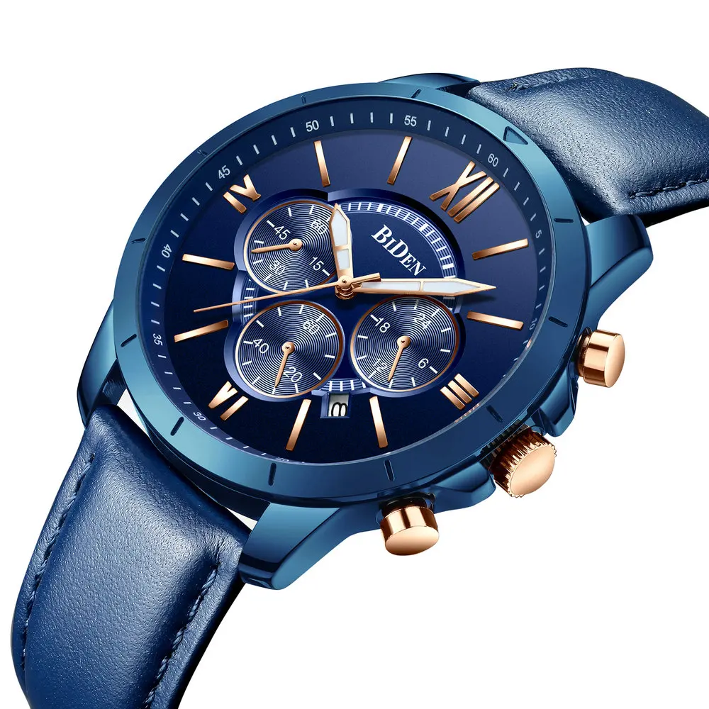 Sport Casual Blue Watch Men Fashion Dress Quartz Wristwatch Leather