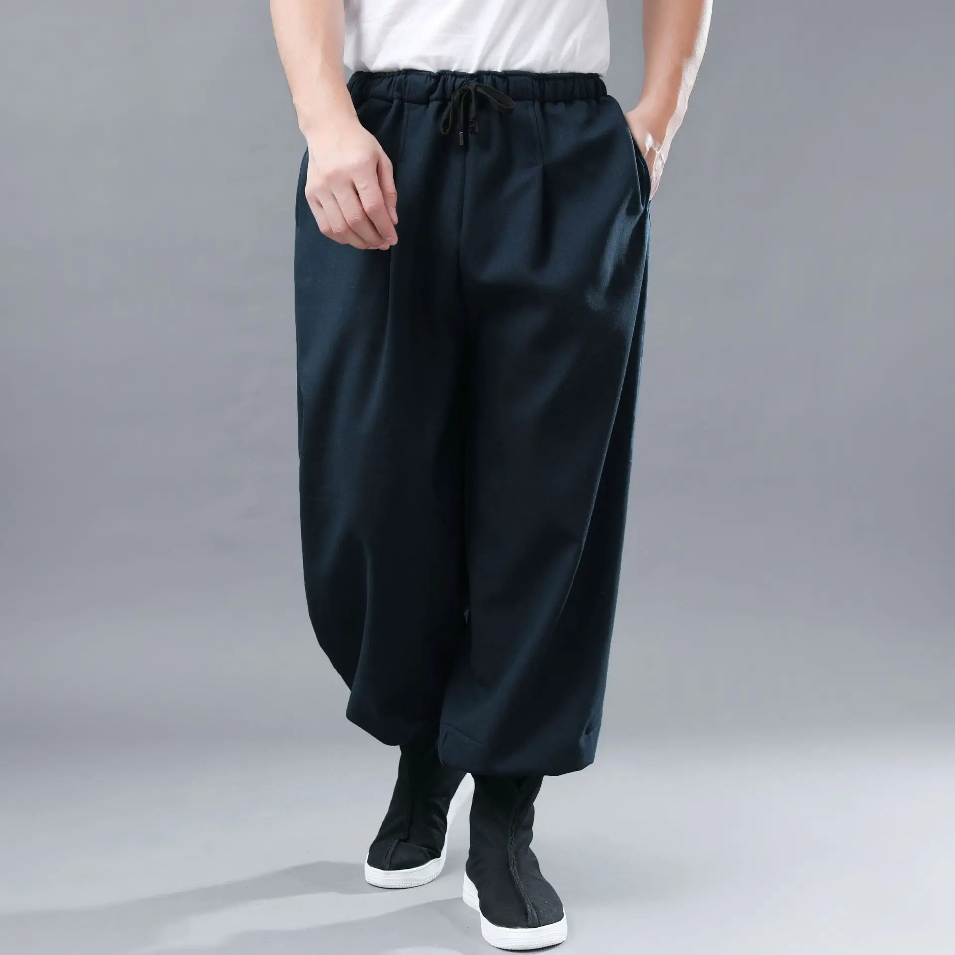 Winter New Style Machete Pants plus Velvet Flax MEN'S Casual Pants Leg Withdrawal Literature And Art-Style Solid Color Cott