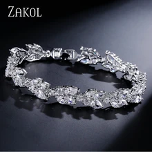 Высокое качество, прозрачный белый кубический цирконий, узор в виде листьев, браслеты для женщин, подарок для девочек, модные свадебные украшения FSBP001