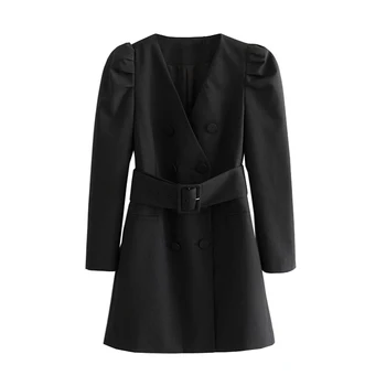 

Women elegant office wear black mini dress pockets sashes design V neck long sleeve female stylish short dresses vestidos