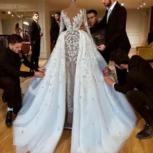 Дубай сексуальные видеть через кружевные свадебные платья с длинными рукавами Пышное Съемный Поезд 3D цветок украшенное бисером свадебное платье Vestido De Noiva