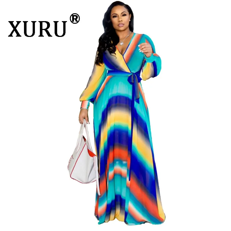 XURU Chiffon Print Loose Dress Women's Full Sleeve V-neck Belt Long Casual Beach Summer Large Size XL-5XL | Женская одежда