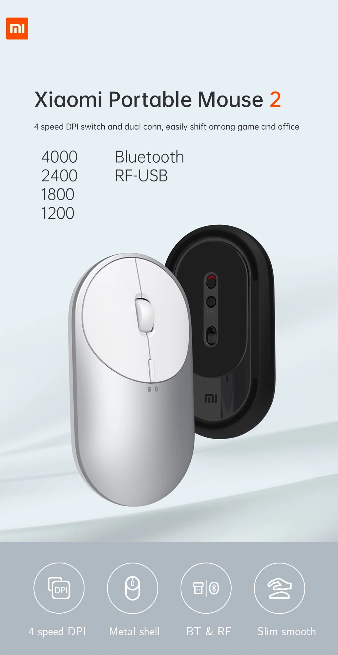 Gadgetoo Xiaomi Mi Portable Mouse 2 Optical Wireless Bluetooth 4.2 Rf 2.4Ghz 4000Dpi Adjustable Dual Mode (Bluetooth+Usb)