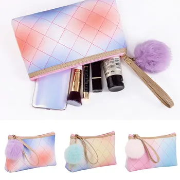 

New Cosmetic Bag Rhombic Pattern Fuzzy Ball Multifunctional Makeup Necessaries Toiletry Kit Pouch Bolsas H66