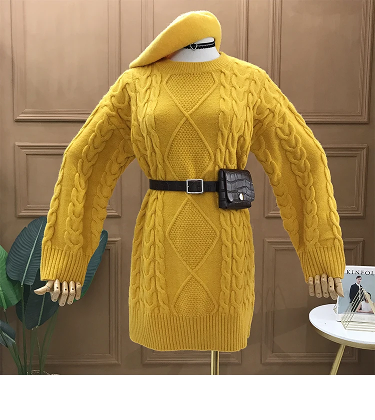 New Loose Long Sweater Women's Round Neck Retro Mid Length Knit Pullover Knitwear with Belt Girls Winter Knitted Shirt Sweaters