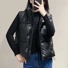 

2021 New Fashion Temperament Simple Black Leather Texture Effect Cotton Clothes Women's Jacket Vest Coat куртка зимняя женская