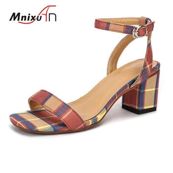 

Elegant women sandals high heels summer 2020 new arrival open toe Scottish plaid casual block heel ankle buckle shoes woman pink