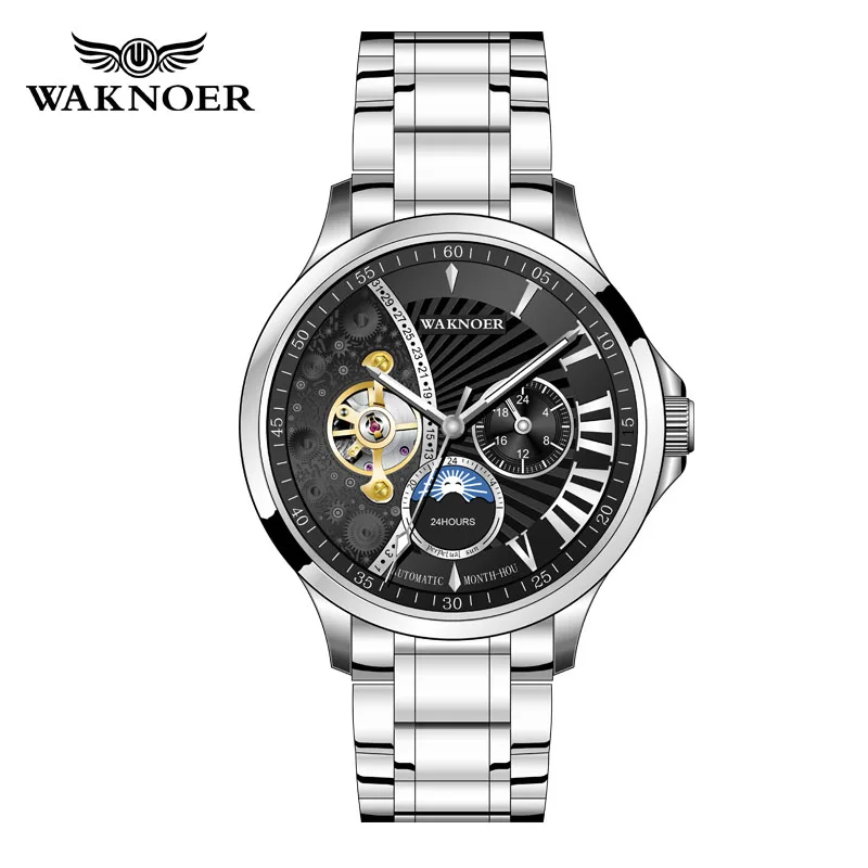 silver black WAKNOER, автоматические часы, мужские, роскошные, из нержавеющей стали, водонепроницаемые, Moon Phase, стимпанк, мужские часы, механические, Tourbillon, Reloj Lujo Hombre - Цвет: silver black