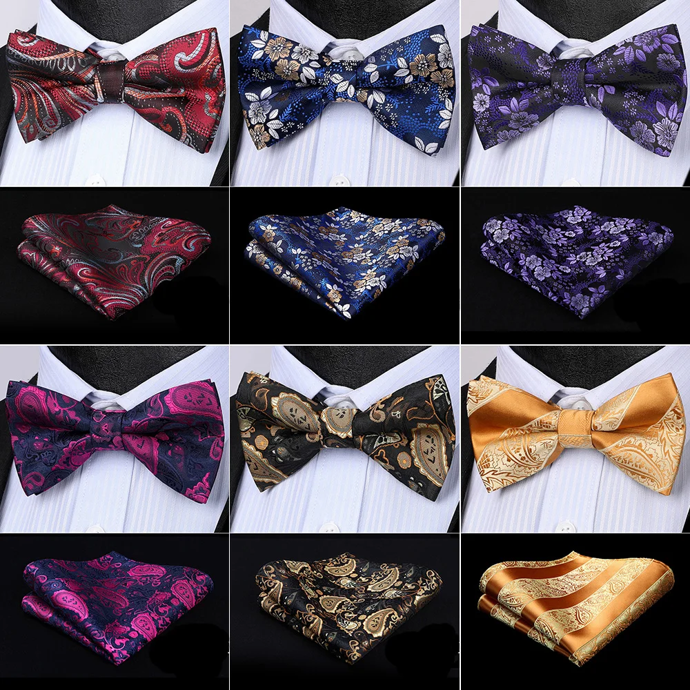 HISDERN Pre Tied Bow Tie Handkerchief Set Pocket Square Floral Paisley Men Adjustable Formal Wedding Party Classic Butterfly