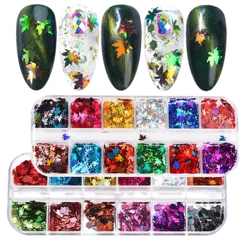 

12 Grid Multicolor Autumn Maple Leaf Nail Art Sequins Holographic Chameleon Laser Glitter Flakes UV Gel Polish Tool Decor Flakes