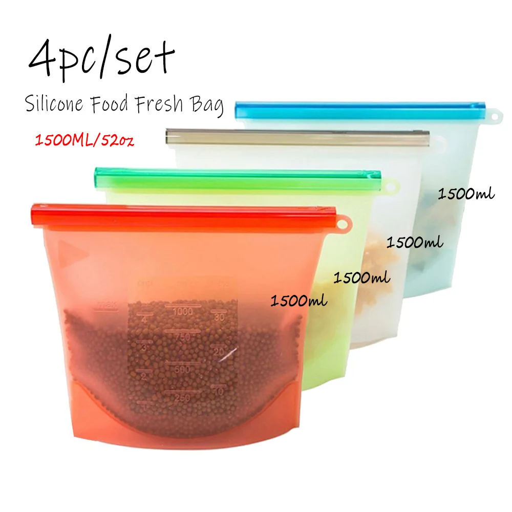 4PCS-1500ML 4 шт силиконовый мешок многоразовая силиконовая пищевая сумка нулевой отходы пакет для продуктов со струнным замком сумка для хранения холодильник свежие сумки Органайзер 1000 мл/1500 мл - Цвет: 4PCS-1500ML