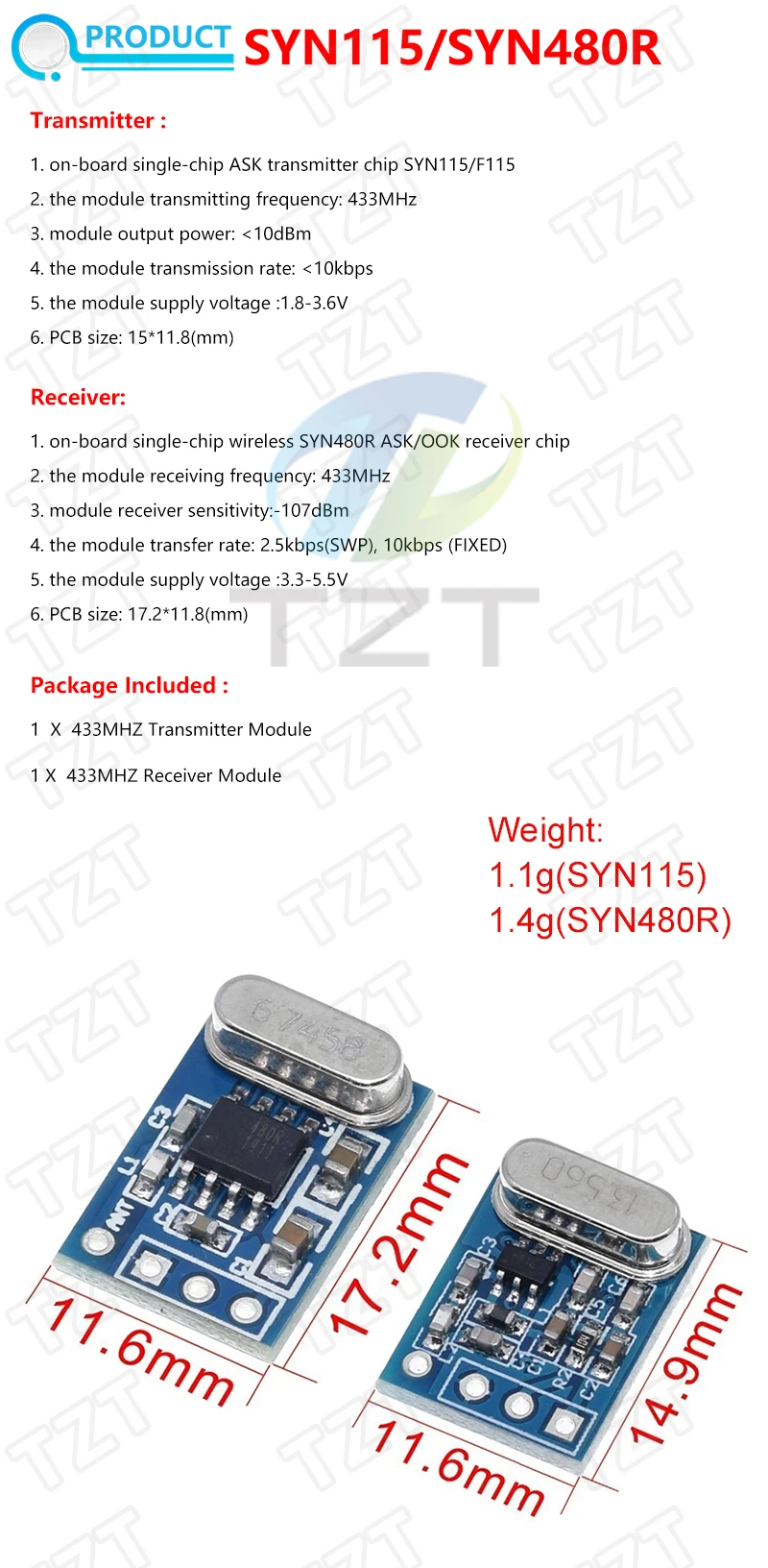 1Set 2Pcs 433MHZ Wireless Transmitter Receiver Board Module SYN115 SY
