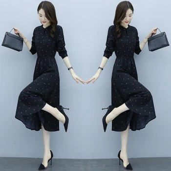 

Spring And Autumn Temperament Chiffon Flower Floral Women Midi Dress Vintage Print Ladies Dresses Vestidos Elegantes