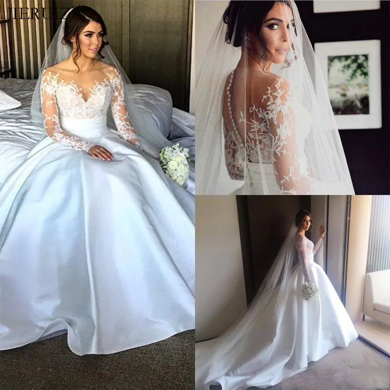 

JIERUIZE White Lace Detachable Skirt Luxury Wedding Dresses Long Sleeves Long train Wedding Gowns Bride Dresses robe mariage