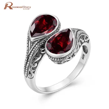 

Real 925 Sterling Silver Womens Rings Fine Jewelry Garnet Ring Neo-Gothic Water Drop Gemstones Wedding Bands Jewellery Gift New