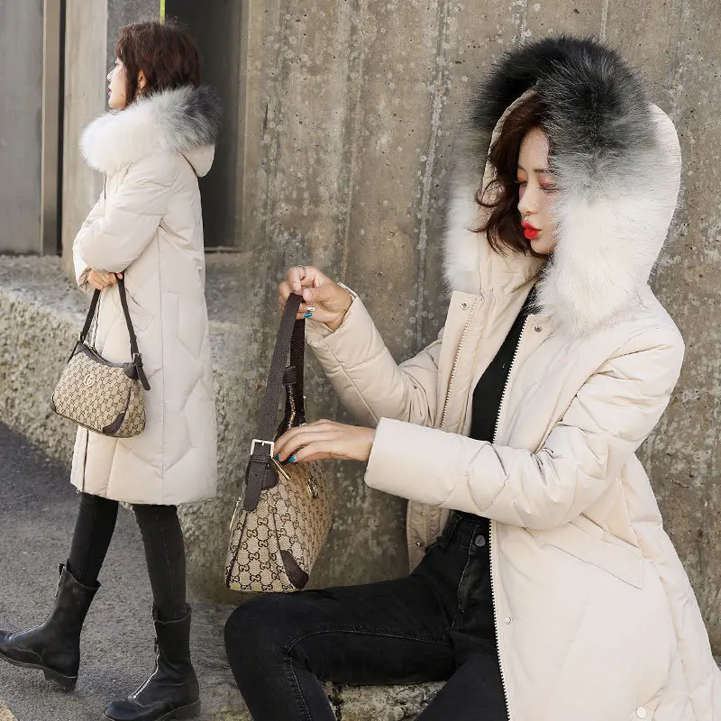 

2019 Winter Mid-length down Jacket Cotton-padded Clothes Women's Korean-style Slim Fit Large Fur Collar Fashion Hooded Cotton Ov