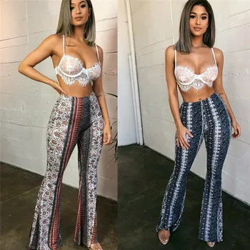 

Women Floral Hippie High Waist Flare Palazzo Wide Leg Fit Pants Trousers