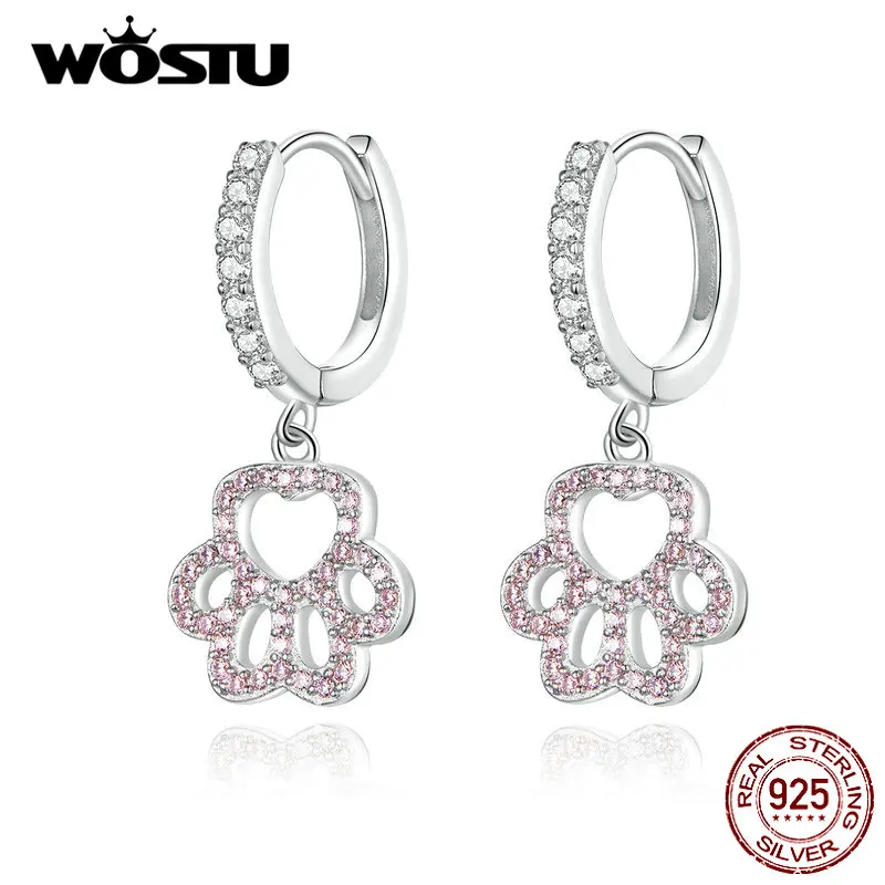 WOSTU Fashion 925 Sterling Silver Paw Dog Pets Footprint Drop Earrings For Women Pink Zircon Wedding Jewelry DXE771 | Украшения и
