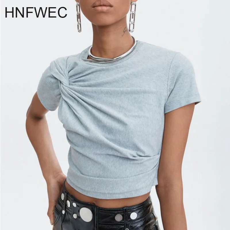 

2019 New Spring Fashion Women Clothing Round Neck Short Sleeves Pleated High Waist T-shirt Female Top Q293