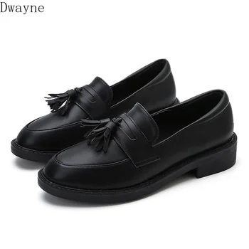 

2019 spring and autumn new fashion England tassels small leather shoes college thick with retro round head large size women's sh