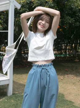 

Short-sleeved cotton exposed navel short-sleeved ladies T-shirt ins style 2020 spring and summer Hong Kong style new solid color