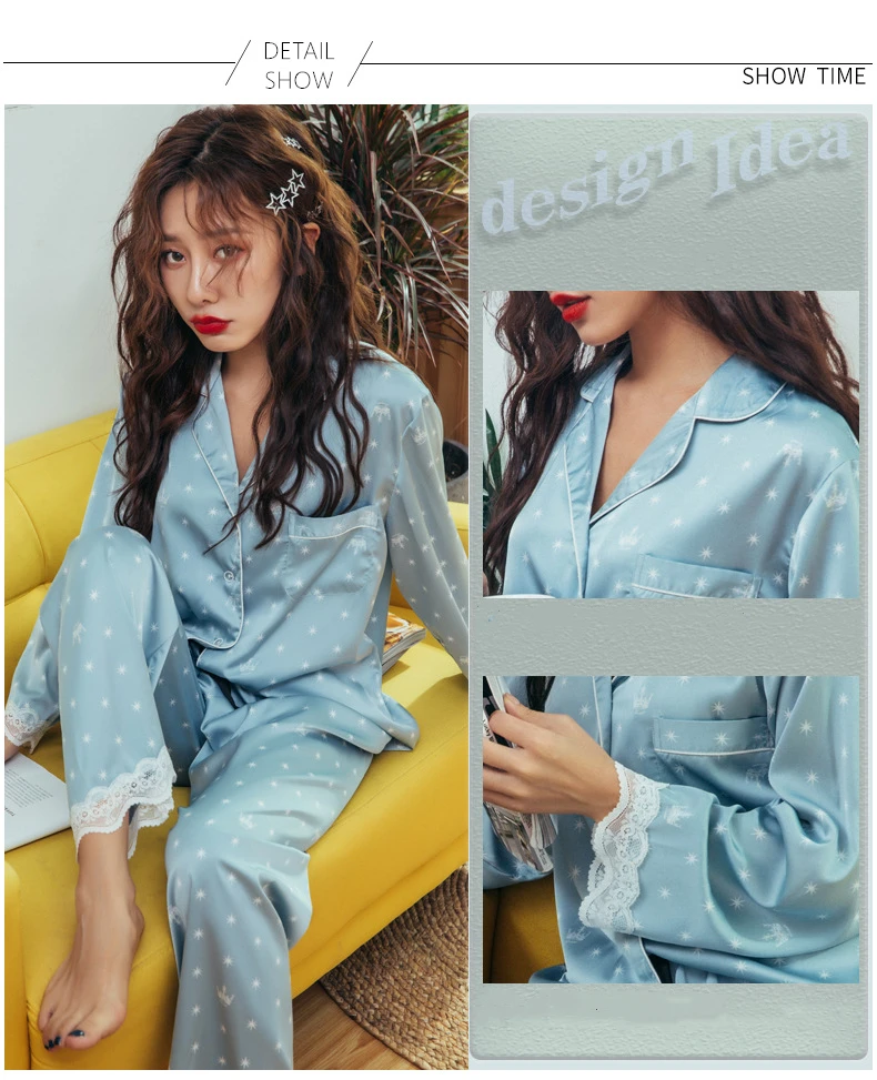 cute pajamas for women JULY'S SONG Satin Women's Pajamas Sets Lace Crown Star Print Elegant Sweet Lady Faux Silk Long Sleeve Summer Spring Sleepwear cotton pyjama set