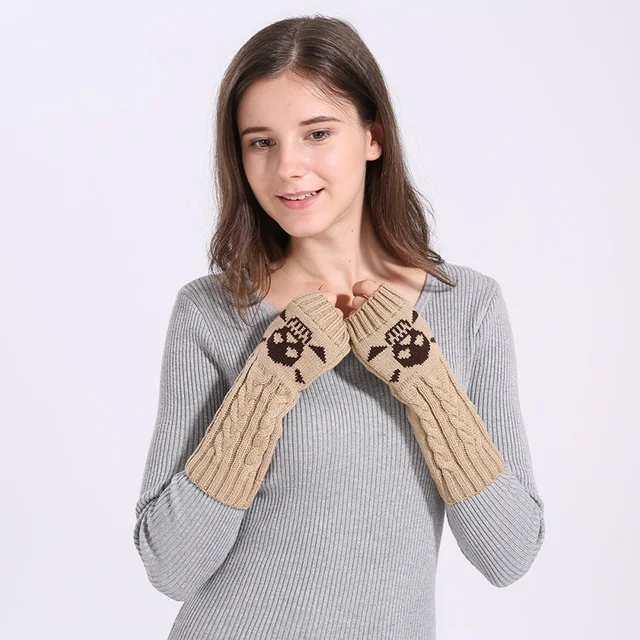 Winter Women Warm Cute Cartoon Skull Fingerless Sleeves Mittens Female Acrylic Stretch Knit Half Finger Arm Warmers Gloves C83 6