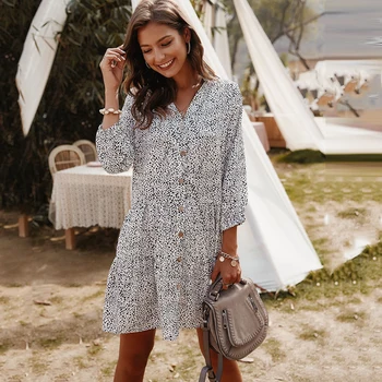 

Floral Dress Causal Loose White Short Mini Dresses Three Quarter Sleeve Spring 2020 Summer Black Trendy Clothes For Women Free