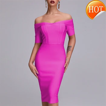 

Women's Summer 2020 Slash Mid-waist Calfskin Fashion Purple Off-shoulder Short Sleeve Celebrity Bandage Party Christmas Dress