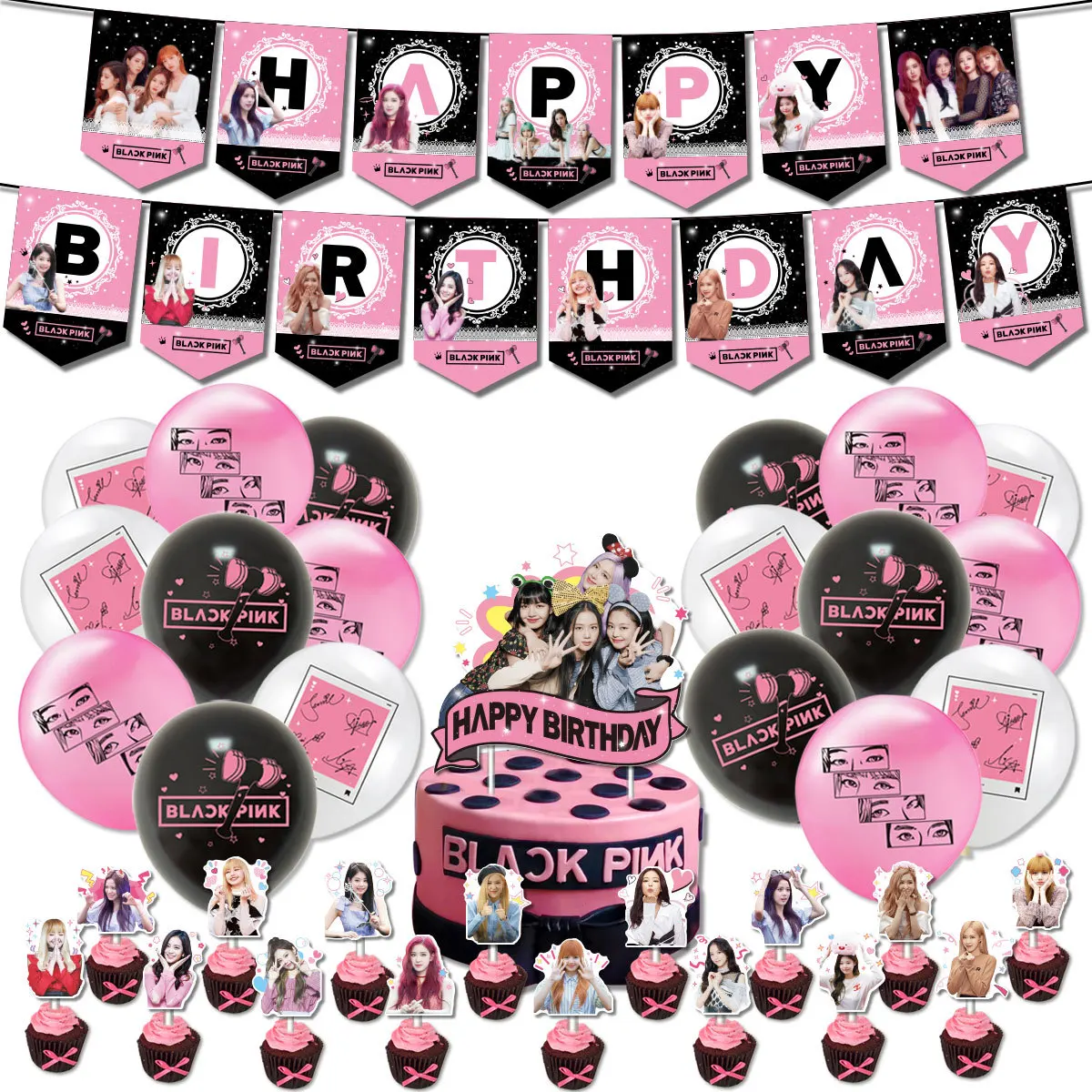

Super Star Black Pink Girls Theme Balloons Party Supplies Happy Birthday Banner Latex Balloon Decoration Cake Topper Kids Toys