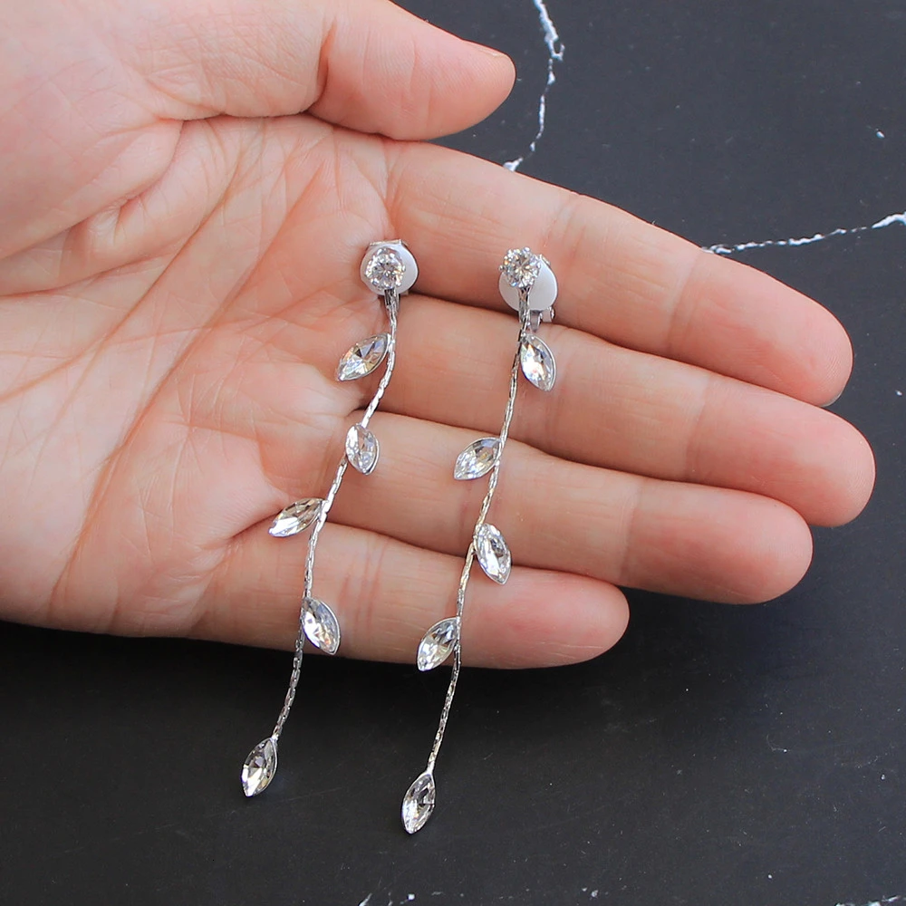 Женские серебряные серьги на клипсах с кристаллами, длинные висячие не пирсинг, клипсовая серьга в виде клипсы с кристаллами, серьги в форме капли, ювелирные изделия