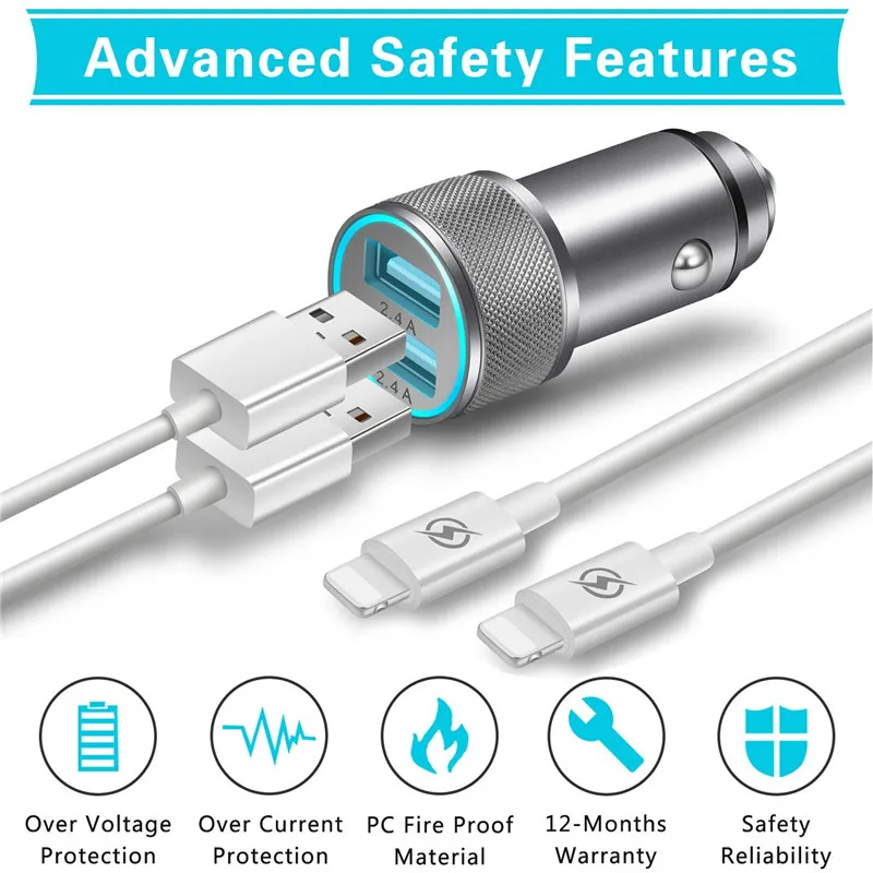 Автомобильное зарядное устройство с двумя usb-портами, 5 В, 2,4 А, быстрое автомобильное зарядное устройство из алюминиевого сплава для IPhone, samsung, Xiaomi, мобильного телефона, планшета на Android