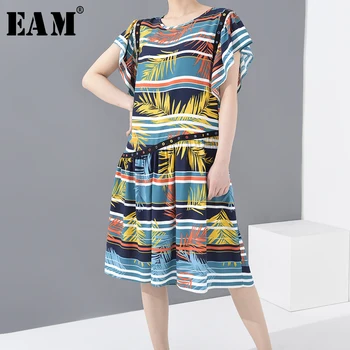 

[EAM] Women Blue Pattern Printed Temperament Dress New Round Neck Short Sleeve Loose Fit Fashion Tide Spring Summer 2020 1W01005