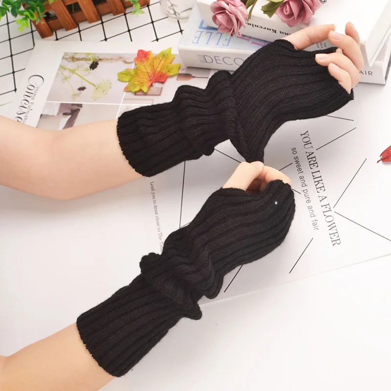 New Women Fingerless Gloves Arm Warmers Goth Knitted Kawaii Work Gloves Ankle Wrist Sleeves Harajuku Anime Cosplay Accessories