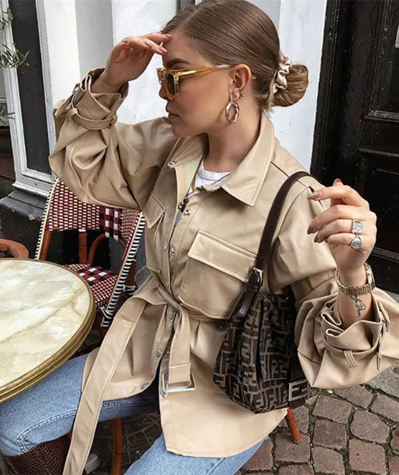 Street Fashion Cool Ladies Quality Khaki Jackets Women Pockets Belt Long Sleeve Turn Down Collar Long Coat Windbreaker Tops