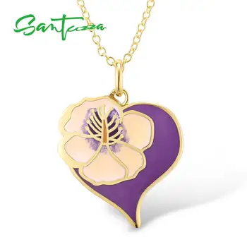 

SANTUZZA Brass Necklace For Woman Purple And White Flower Pendant Necklace HANDMADE Enamel Party Fashion Jewelry