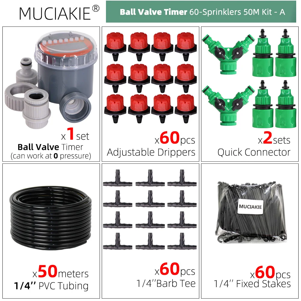 MUCIAKIE 5-50 Meters Ball Valve Timer Garden Watering System Irrigation Drip Kits Automatic Spray for Plants Adjustable Nozzles 