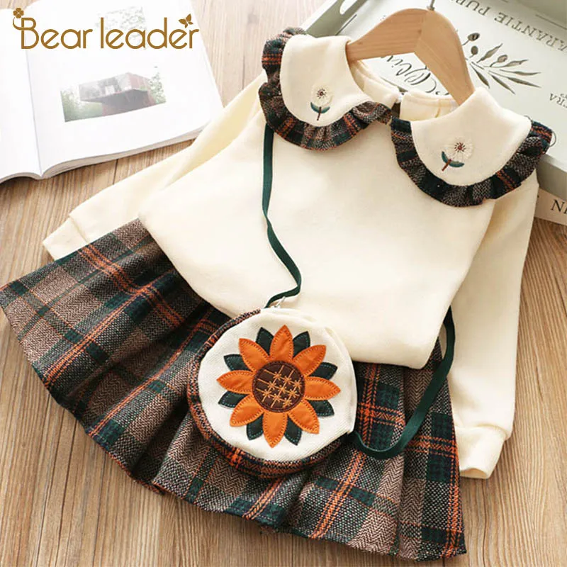 Bear leader/платье для девочек г. Зимнее платье с геометрическим узором одежда с длинными рукавами для девочек топ, пальто+ платье-пачка, свитер вязаная одежда, 2 шт