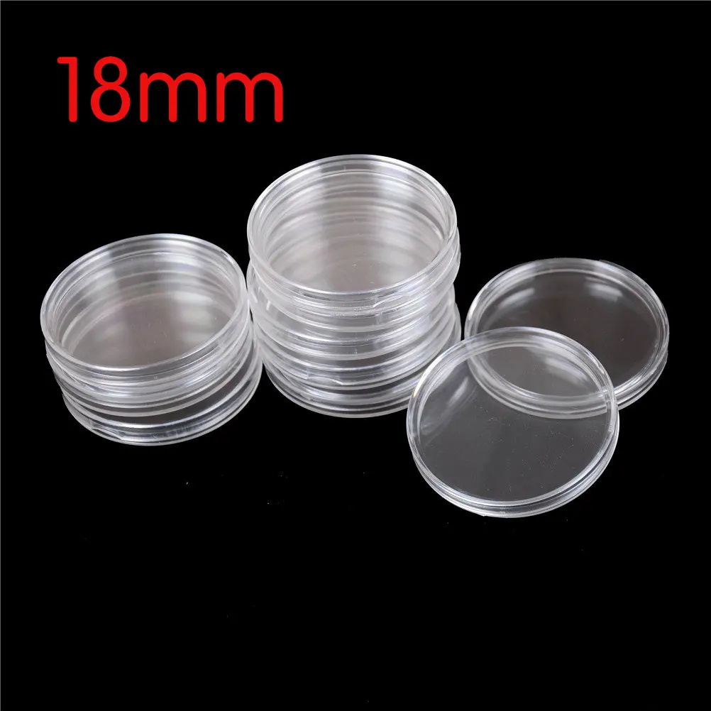 18mm 10 шт./кор. прозрачные круглые в штучной упаковке держатель копилку Пластик капсулы для хранения Дисплей Чехлы Органайзер Коллекционные вещи подарки 18-50 мм - Цвет: 18mm