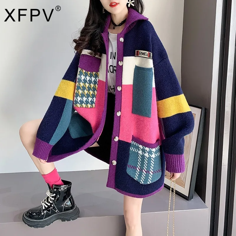 XFPV осенне-зимний женский длинный кардиган 2022 с контрастным принтом и карманами