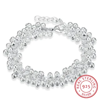 

LEKANI Women's Fine Jewelry 925 Sterling Silver 19cm Chains Sand Light Beads Grape Charms Bracelet Bangle Pulseiras de Prata