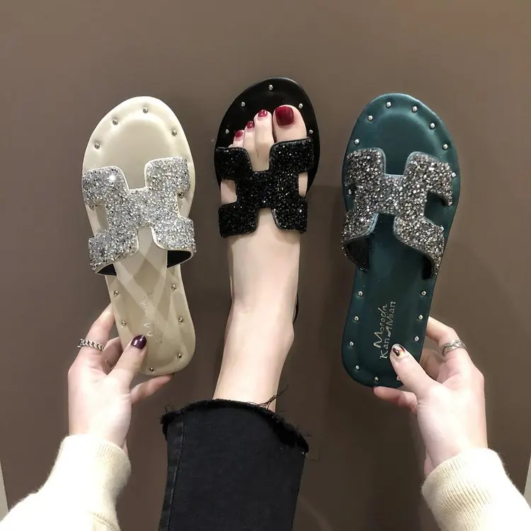 

2019 Summer Leather Flat Slippers Casual Outer Wear Sandals Sandals Sandals H Type Slipper Women's