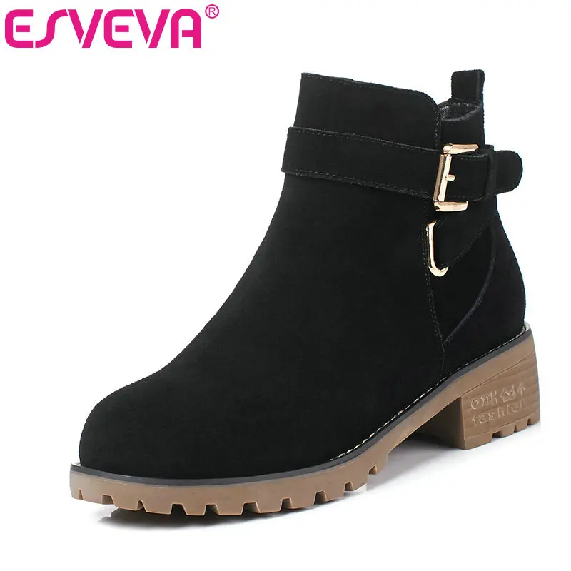 

ESVEVA 2020 Women Shoes Ankle Boots Round Toe Sexy PU+Leather Suede Zipper Buckle Med Heel Motorcycle Platform Boot Size 34-43