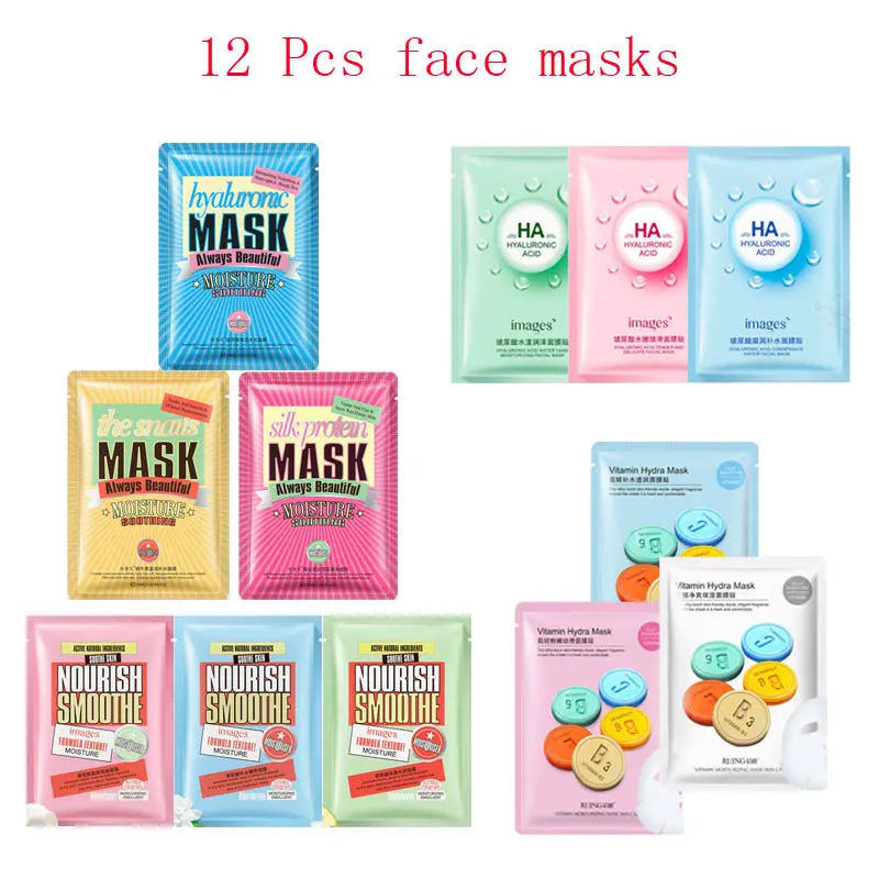 

12Pcs Face Mask vitamin snail extraction Moisturizing Acne Treatment hyaluronic acid Blackhead Remover Facial Masks skin care